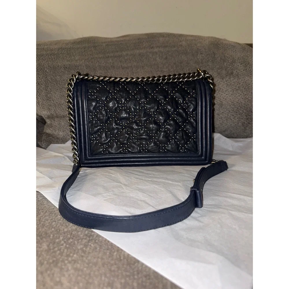 Chanel Studded Boy Flap Bag New Medium Dark Navy Aged Ruthenium Hardware COA